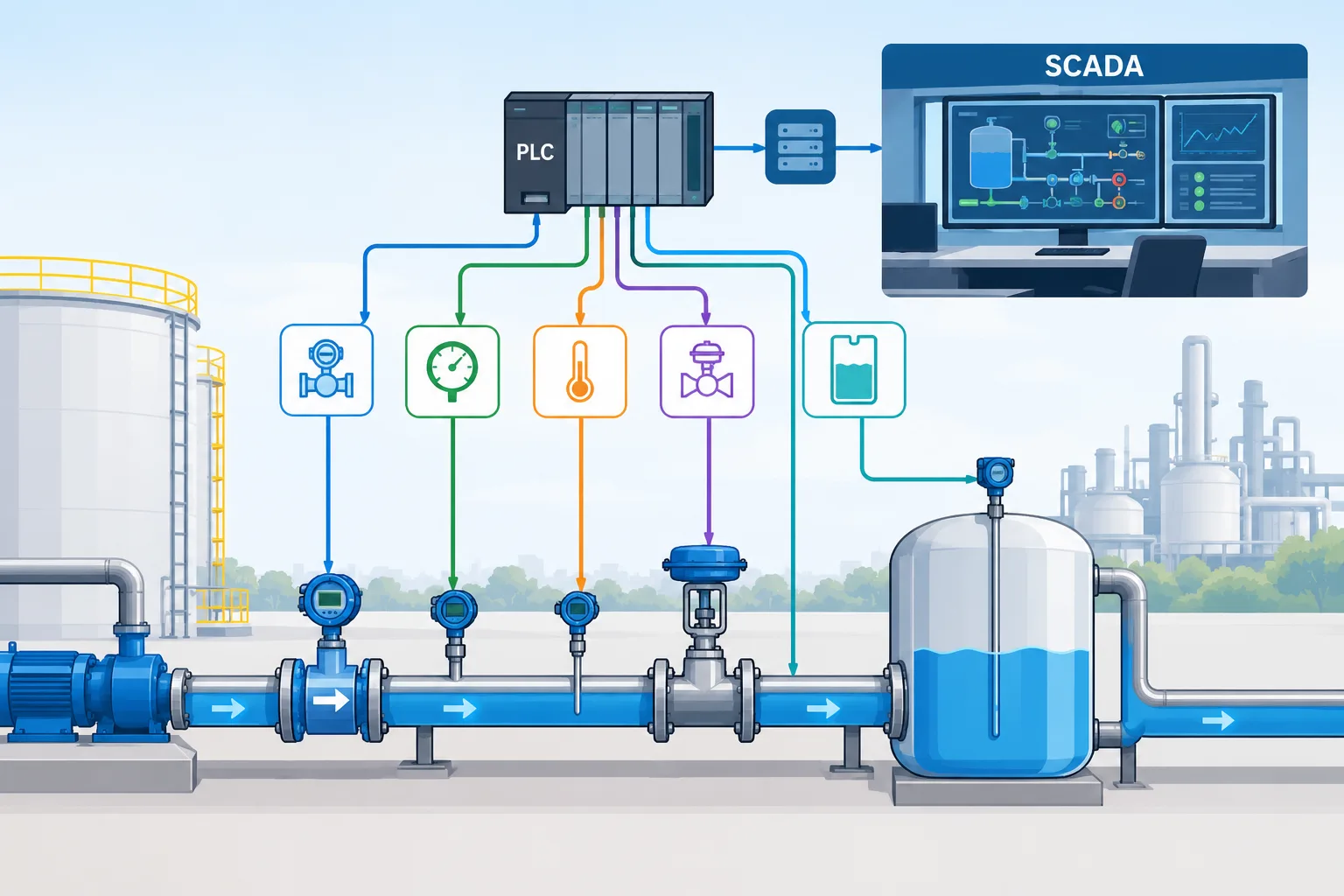 Sistem Monitoring Distribusi Fluida Berbasis PLC dan SCADA di Industri